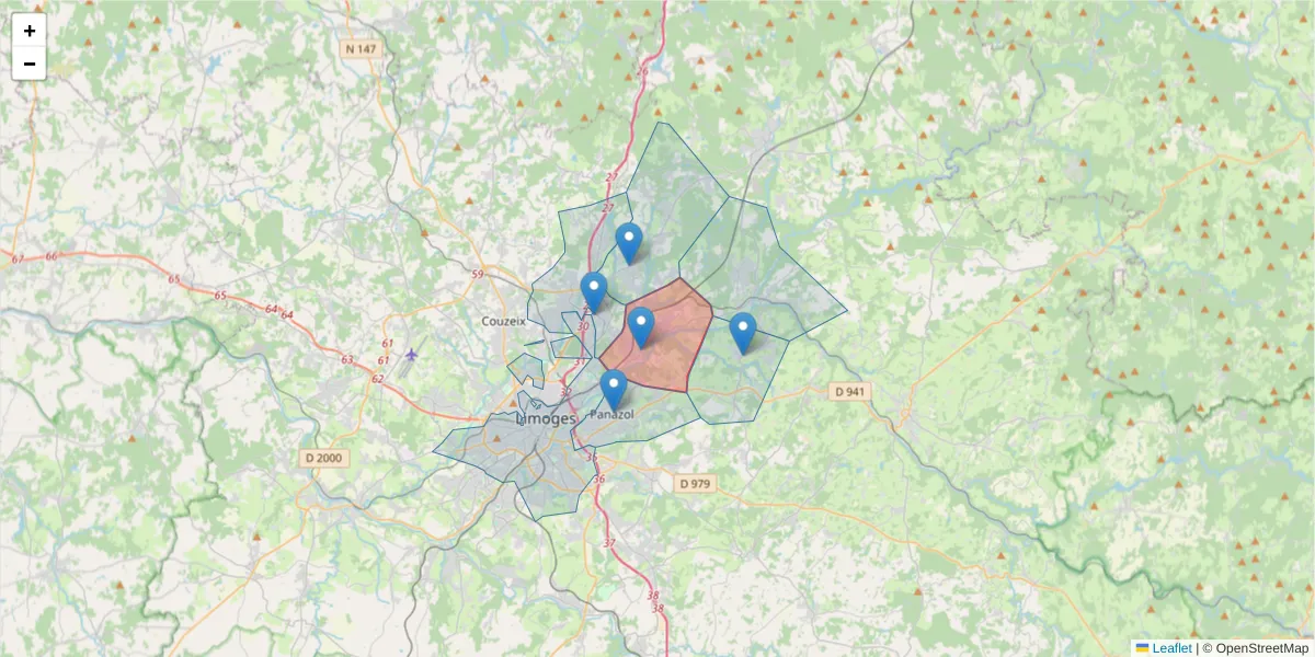 Carte de la zone du code postal  et des codes postaux voisins en France