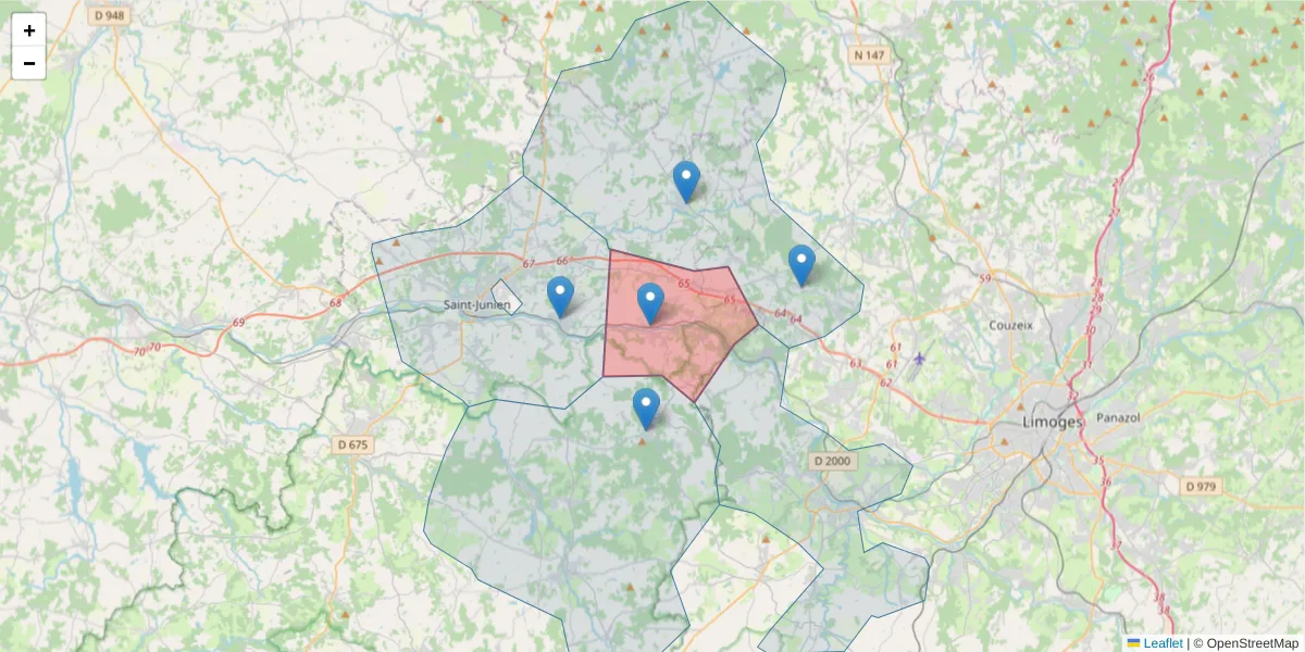 Carte de la zone du code postal  et des codes postaux voisins en France