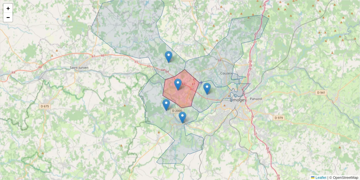 Carte de la zone du code postal  et des codes postaux voisins en France