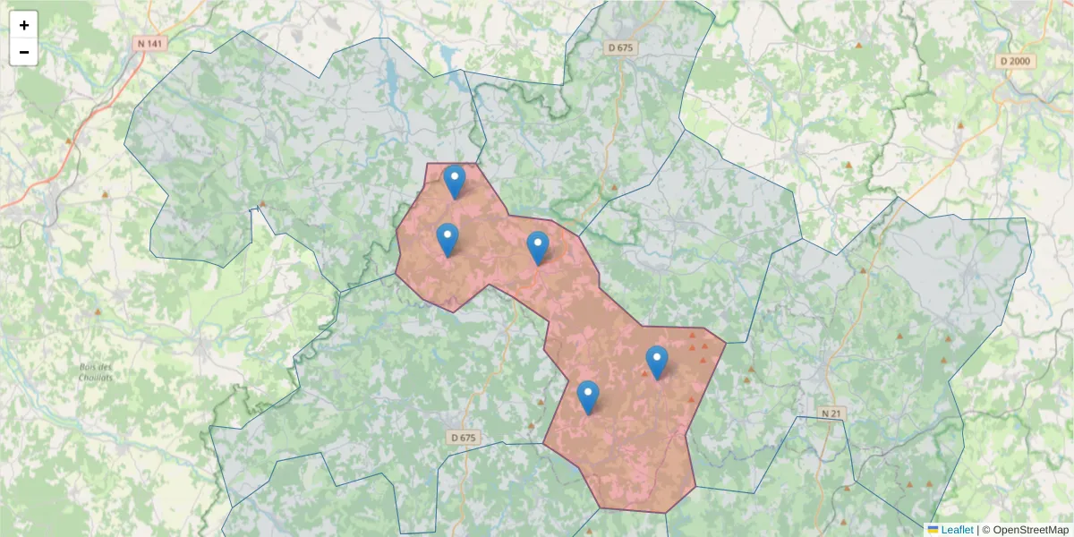 Carte de la zone du code postal  et des codes postaux voisins en France