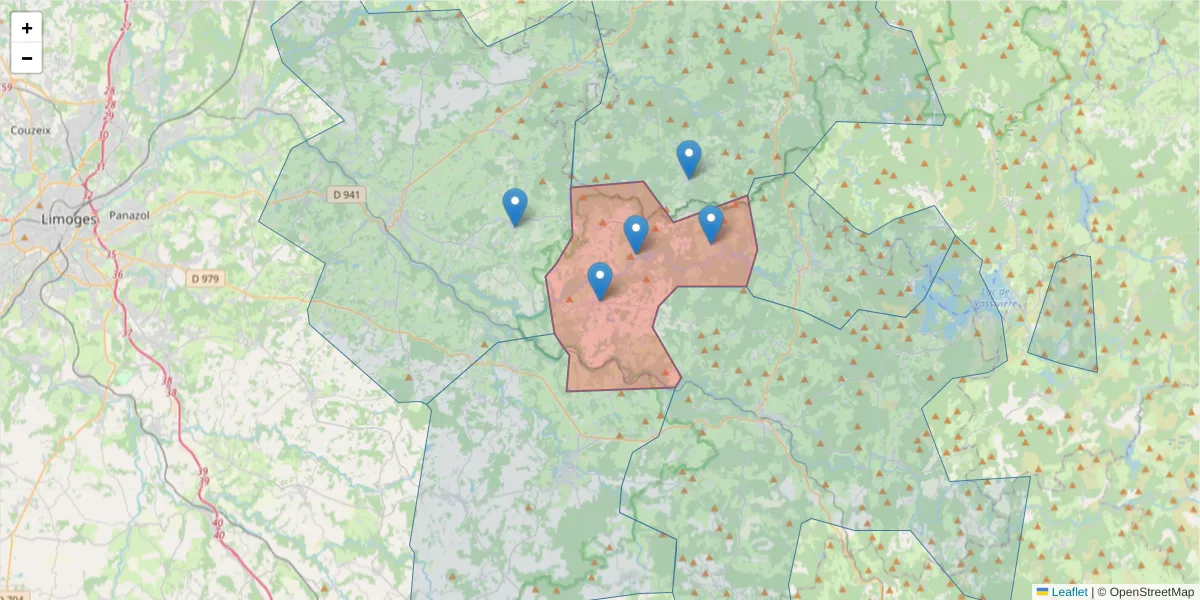 Carte de la zone du code postal  et des codes postaux voisins en France