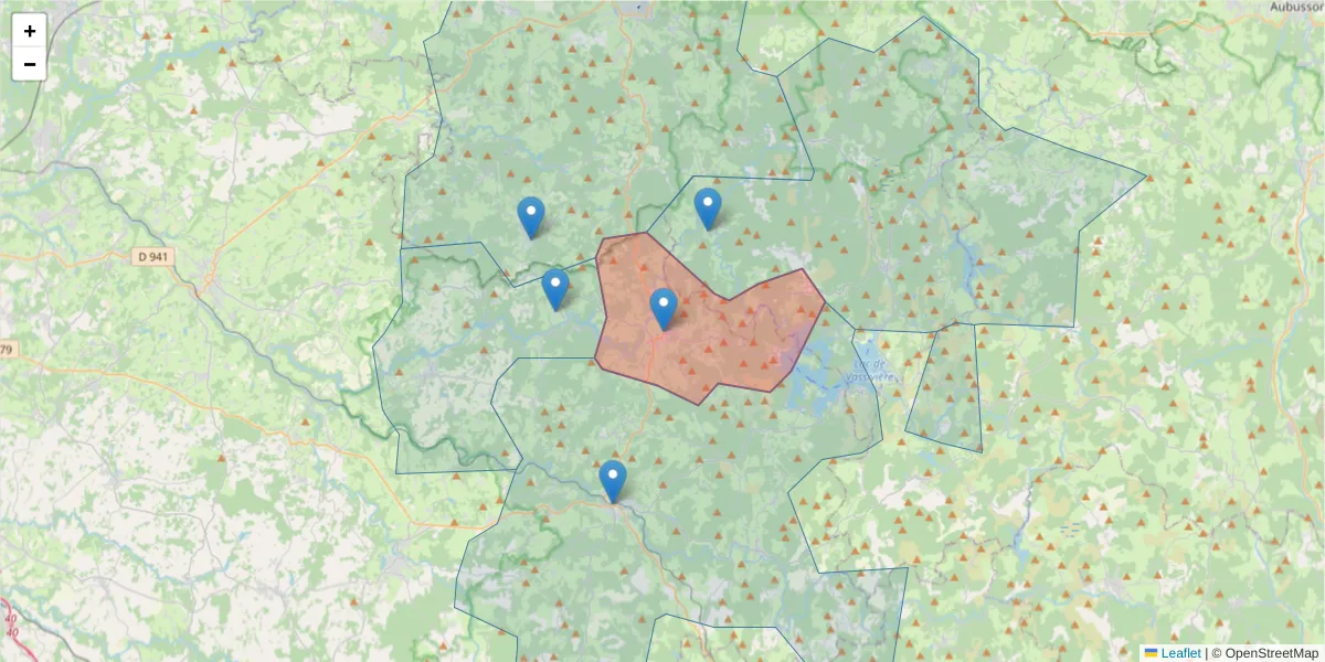 Carte de la zone du code postal  et des codes postaux voisins en France