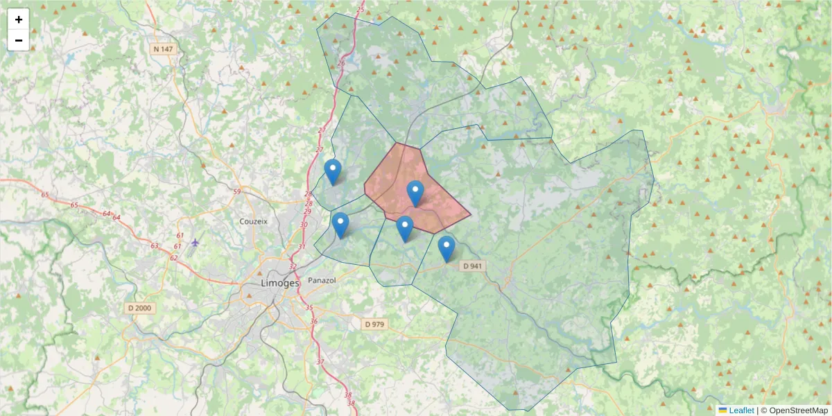 Carte de la zone du code postal  et des codes postaux voisins en France