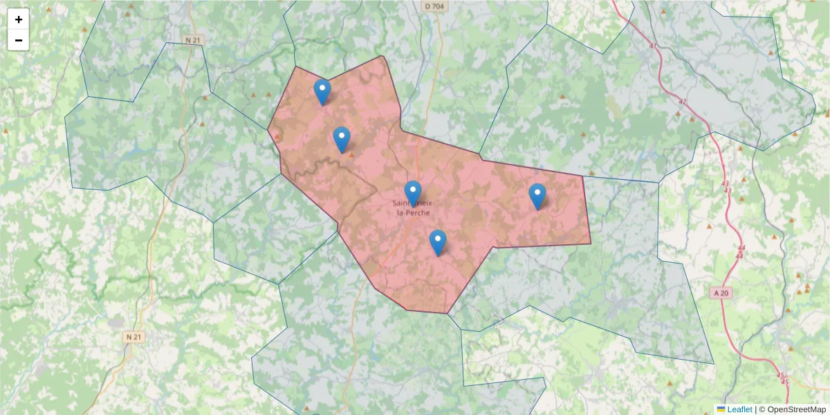 Carte de la zone du code postal  et des codes postaux voisins en France