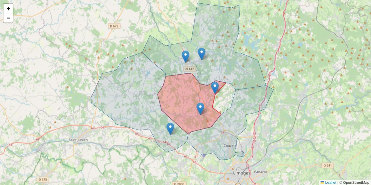 Carte de la zone du code postal  et des codes postaux voisins en France