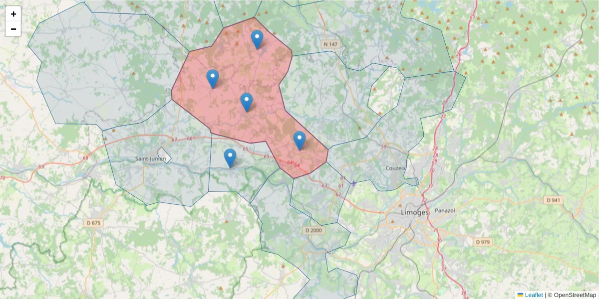 Carte de la zone du code postal  et des codes postaux voisins en France
