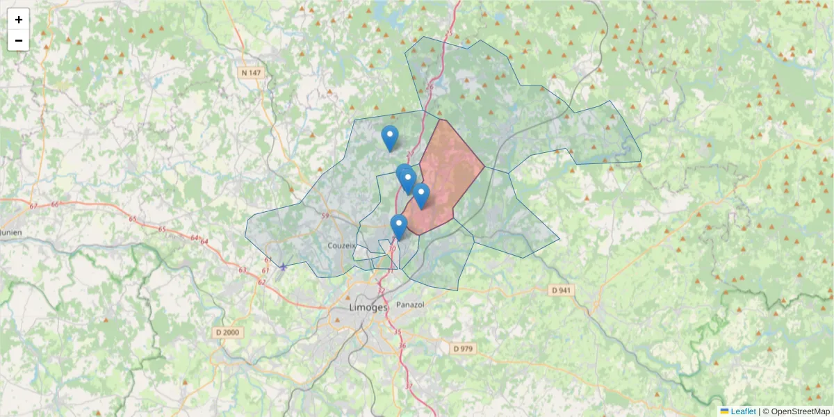 Carte de la zone du code postal  et des codes postaux voisins en France