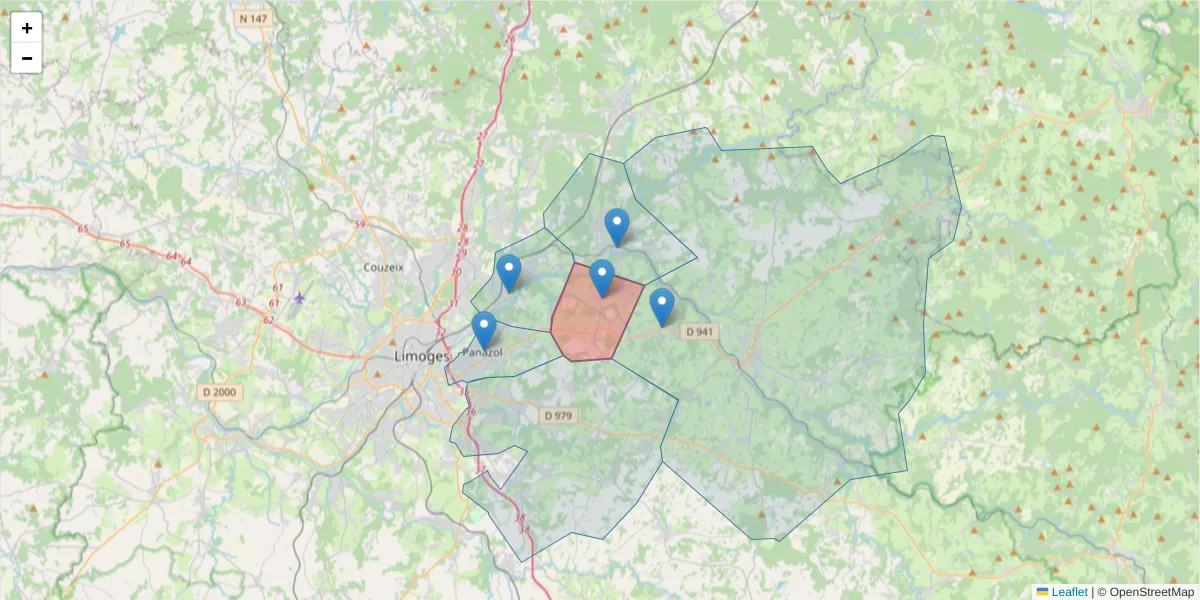 Carte de la zone du code postal  et des codes postaux voisins en France
