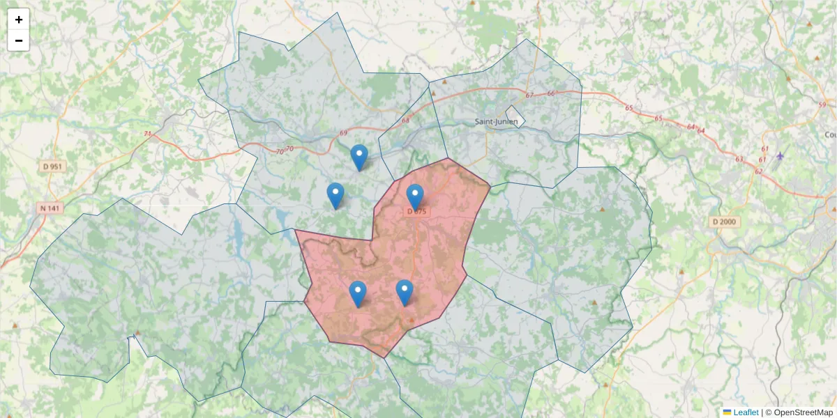 Carte de la zone du code postal  et des codes postaux voisins en France