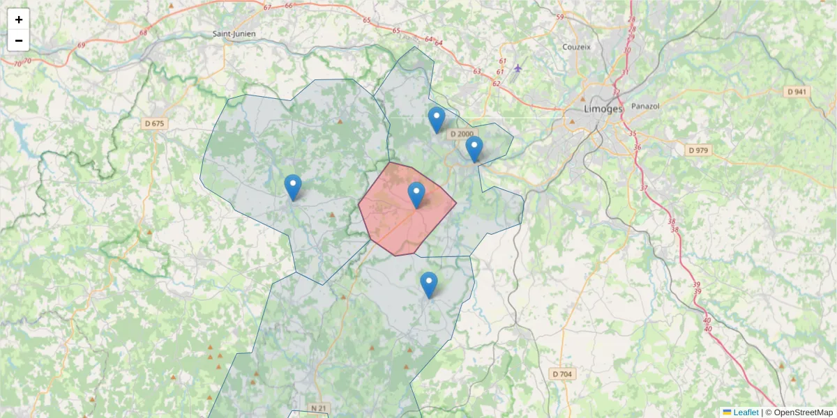 Carte de la zone du code postal  et des codes postaux voisins en France