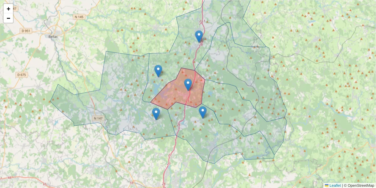 Carte de la zone du code postal  et des codes postaux voisins en France