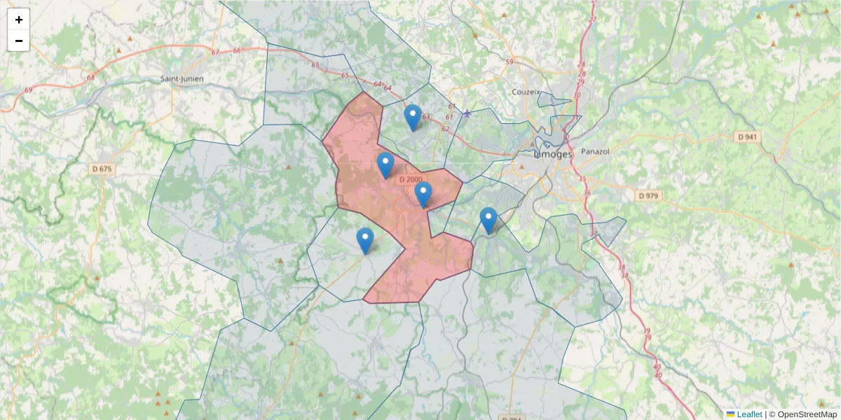 Carte de la zone du code postal  et des codes postaux voisins en France