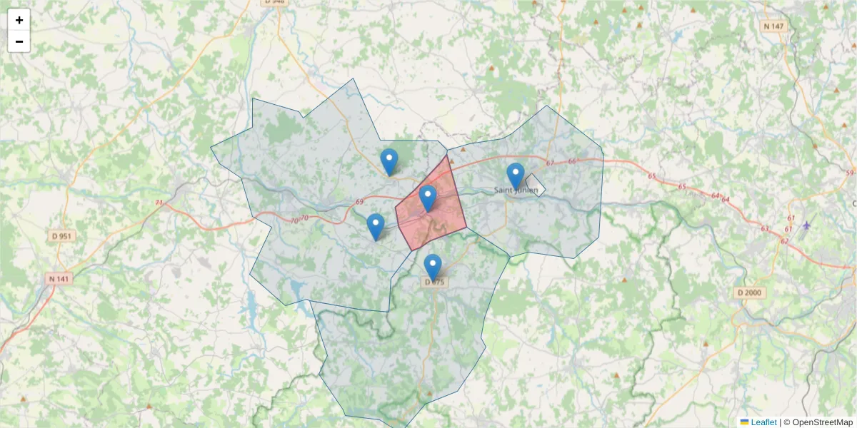 Carte de la zone du code postal  et des codes postaux voisins en France