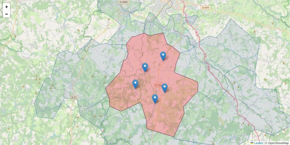 Carte de la zone du code postal  et des codes postaux voisins en France