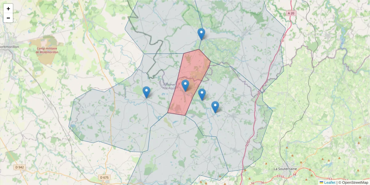 Carte de la zone du code postal  et des codes postaux voisins en France