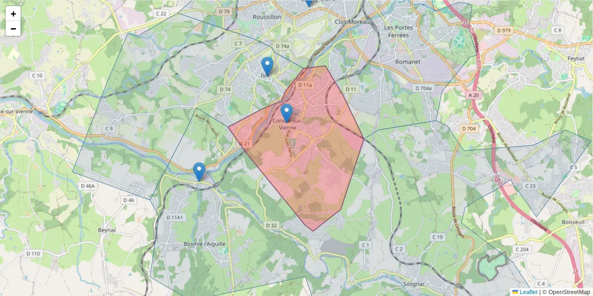 Carte de la zone du code postal  et des codes postaux voisins en France