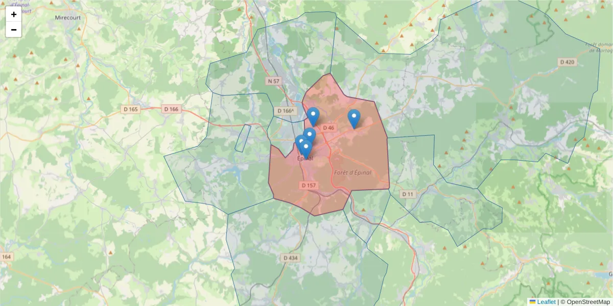 Carte de la zone du code postal  et des codes postaux voisins en France