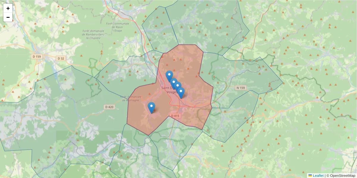 Carte de la zone du code postal  et des codes postaux voisins en France
