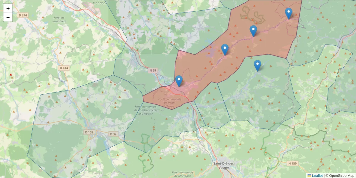 Carte de la zone du code postal  et des codes postaux voisins en France