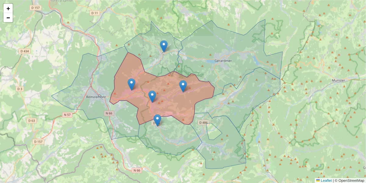 Carte de la zone du code postal  et des codes postaux voisins en France