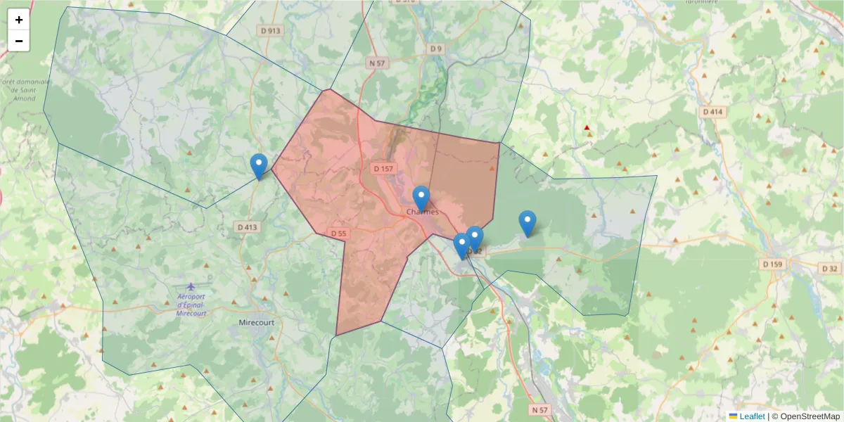 Carte de la zone du code postal  et des codes postaux voisins en France