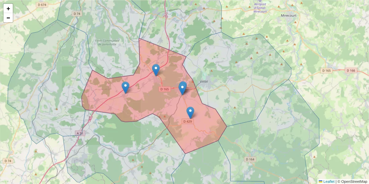 Carte de la zone du code postal  et des codes postaux voisins en France