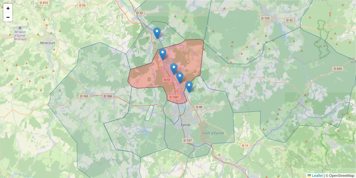 Carte de la zone du code postal  et des codes postaux voisins en France