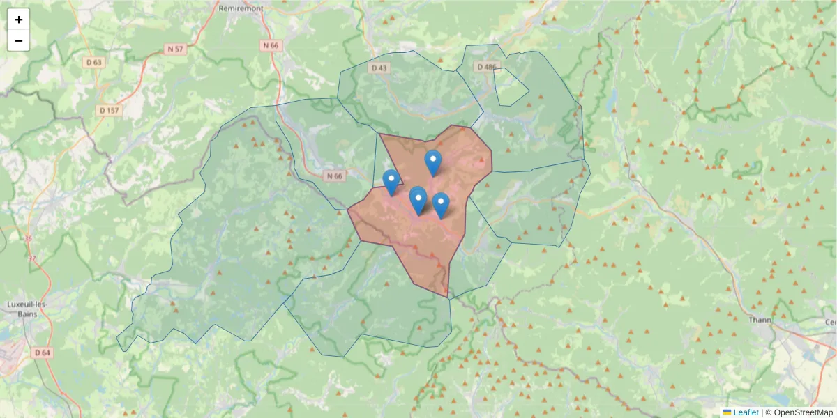 Carte de la zone du code postal  et des codes postaux voisins en France