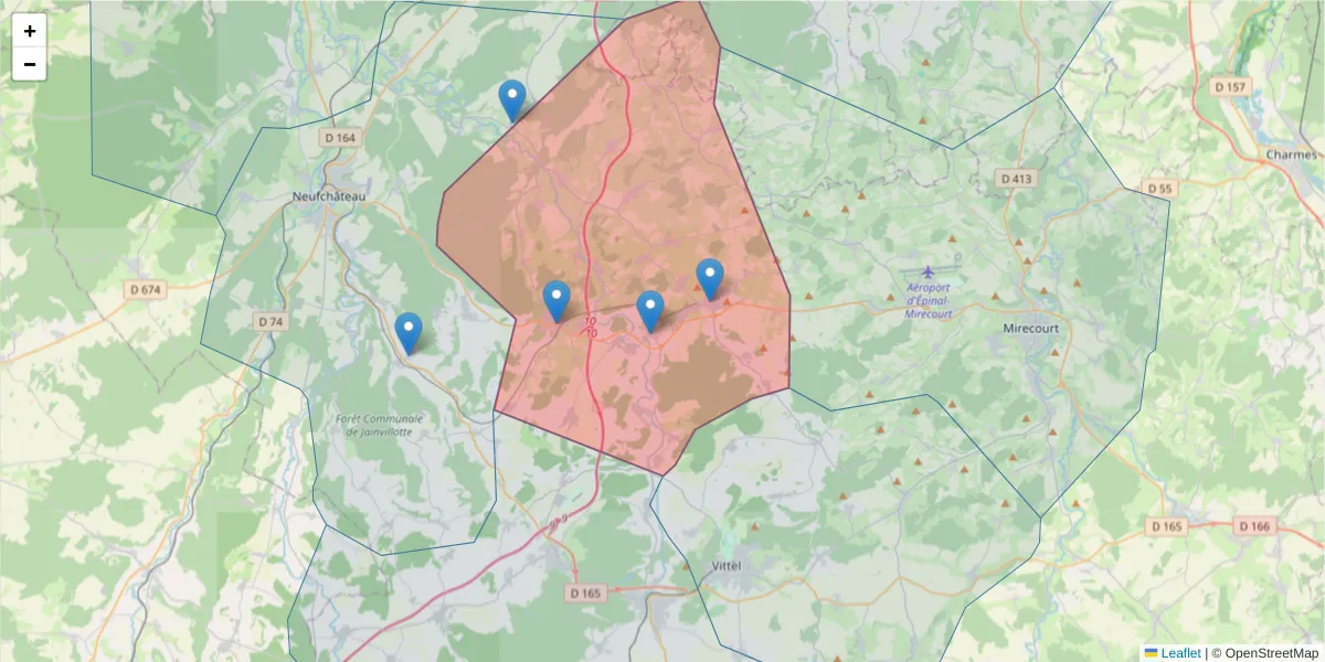 Carte de la zone du code postal  et des codes postaux voisins en France