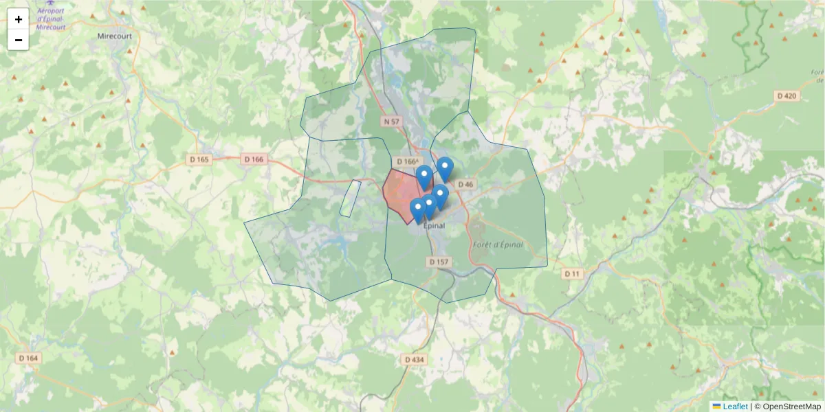 Carte de la zone du code postal  et des codes postaux voisins en France