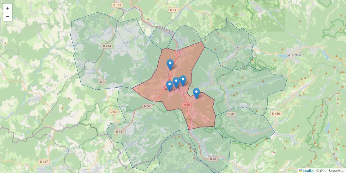 Carte de la zone du code postal  et des codes postaux voisins en France