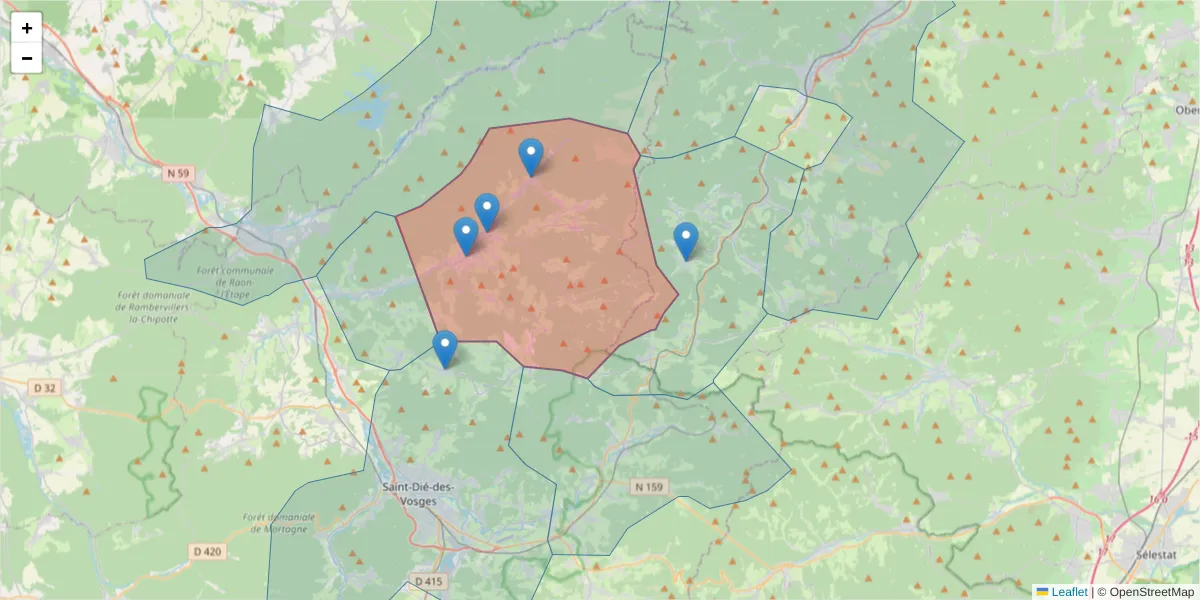 Carte de la zone du code postal  et des codes postaux voisins en France