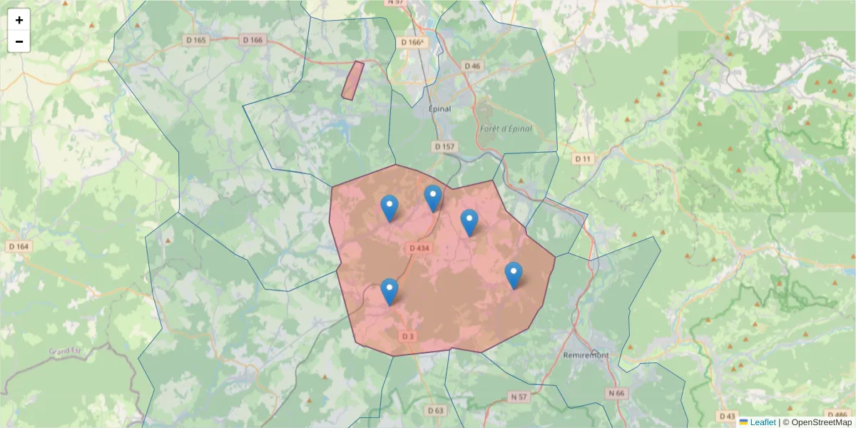 Carte de la zone du code postal  et des codes postaux voisins en France