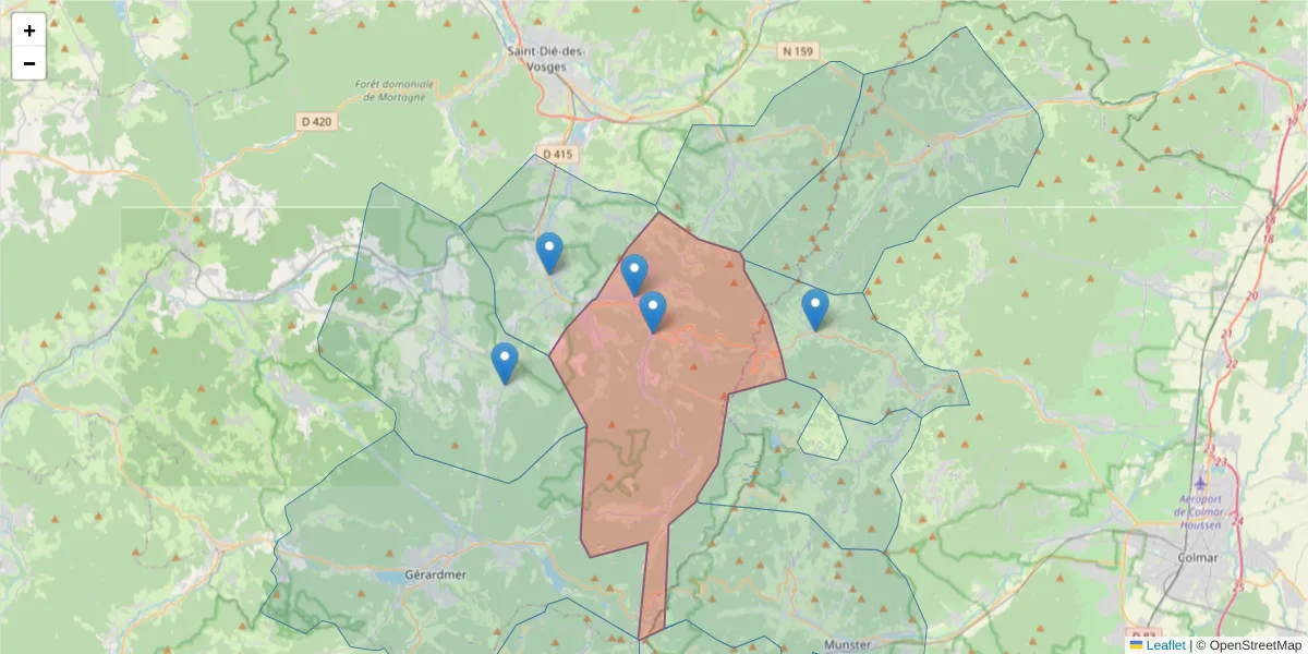 Carte de la zone du code postal  et des codes postaux voisins en France