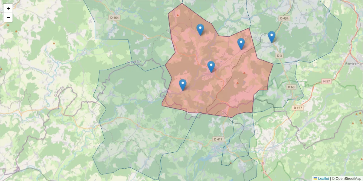 Carte de la zone du code postal  et des codes postaux voisins en France