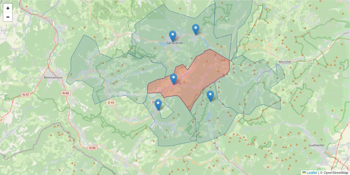Carte de la zone du code postal  et des codes postaux voisins en France