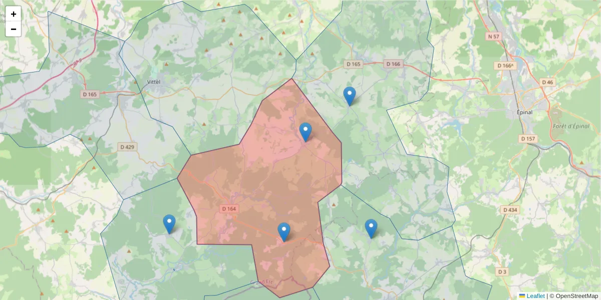 Carte de la zone du code postal  et des codes postaux voisins en France