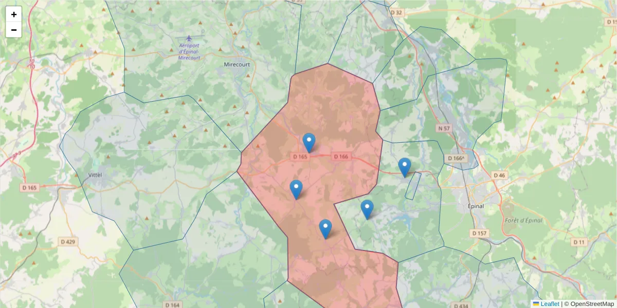 Carte de la zone du code postal  et des codes postaux voisins en France