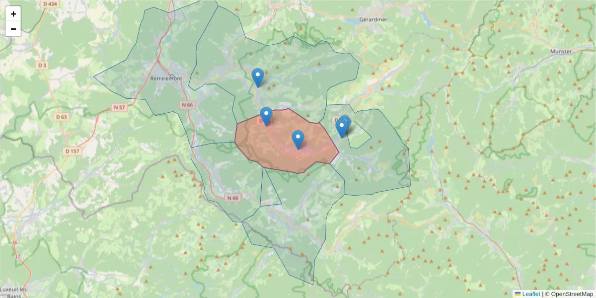 Carte de la zone du code postal  et des codes postaux voisins en France