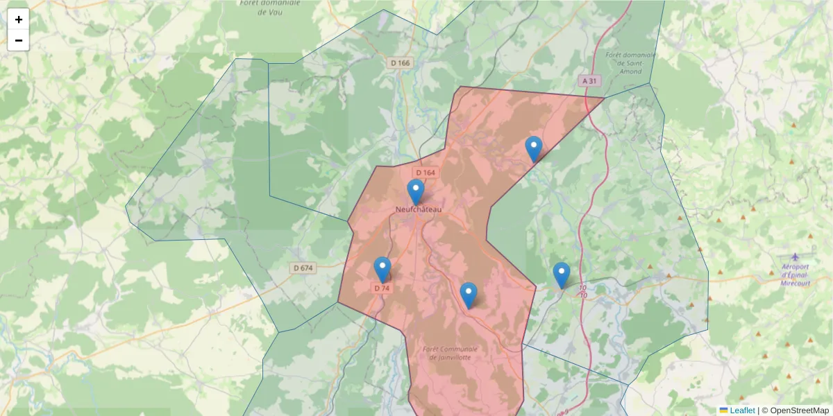 Carte de la zone du code postal  et des codes postaux voisins en France