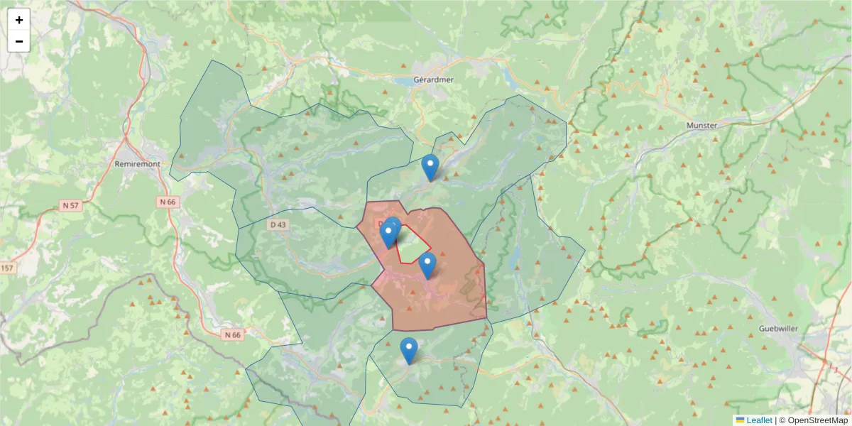 Carte de la zone du code postal  et des codes postaux voisins en France