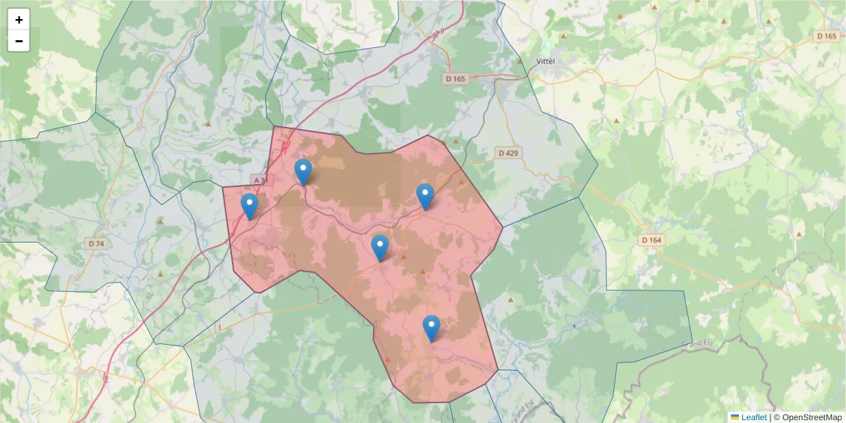 Carte de la zone du code postal  et des codes postaux voisins en France
