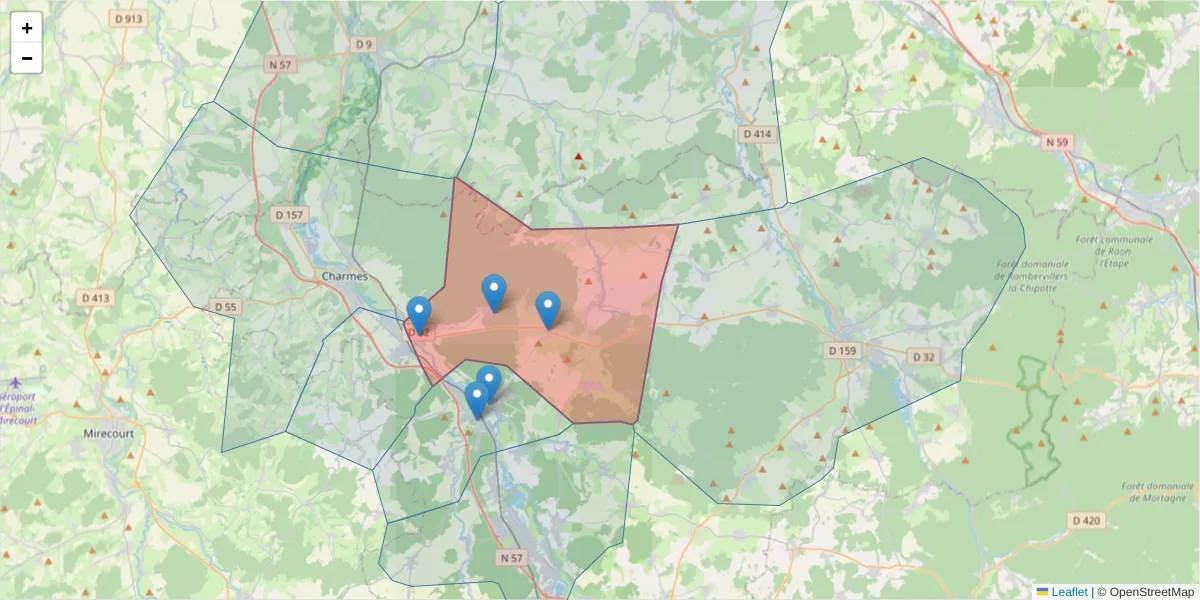 Carte de la zone du code postal  et des codes postaux voisins en France