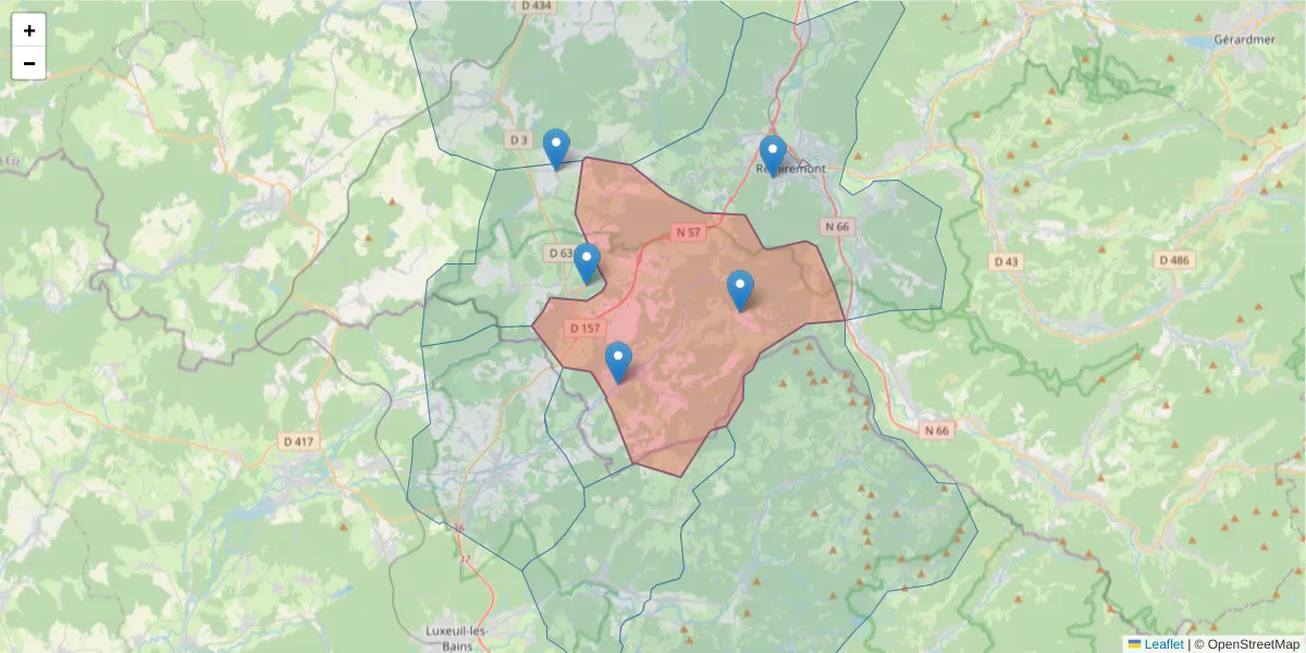 Carte de la zone du code postal  et des codes postaux voisins en France