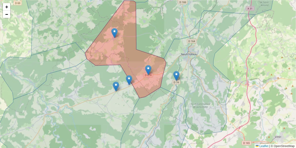 Carte de la zone du code postal  et des codes postaux voisins en France