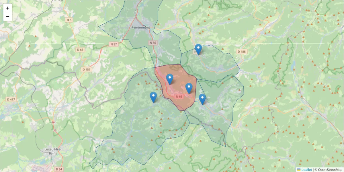 Carte de la zone du code postal  et des codes postaux voisins en France