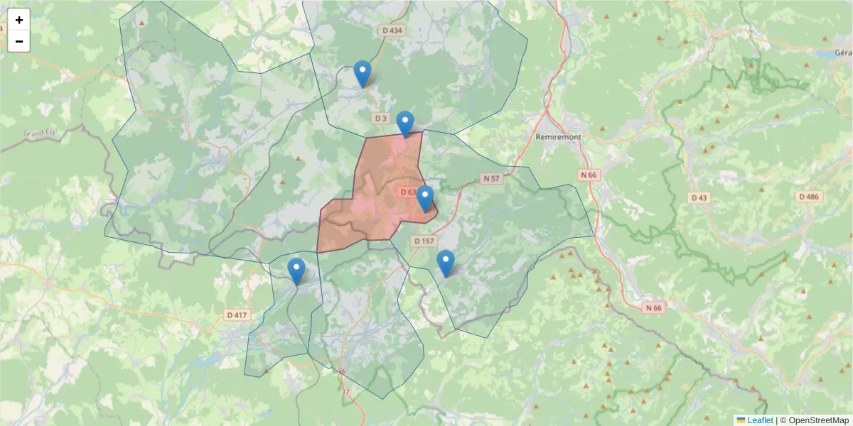 Carte de la zone du code postal  et des codes postaux voisins en France