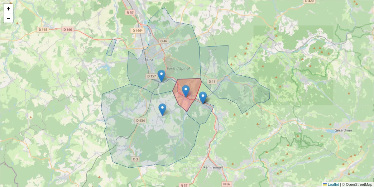 Carte de la zone du code postal  et des codes postaux voisins en France