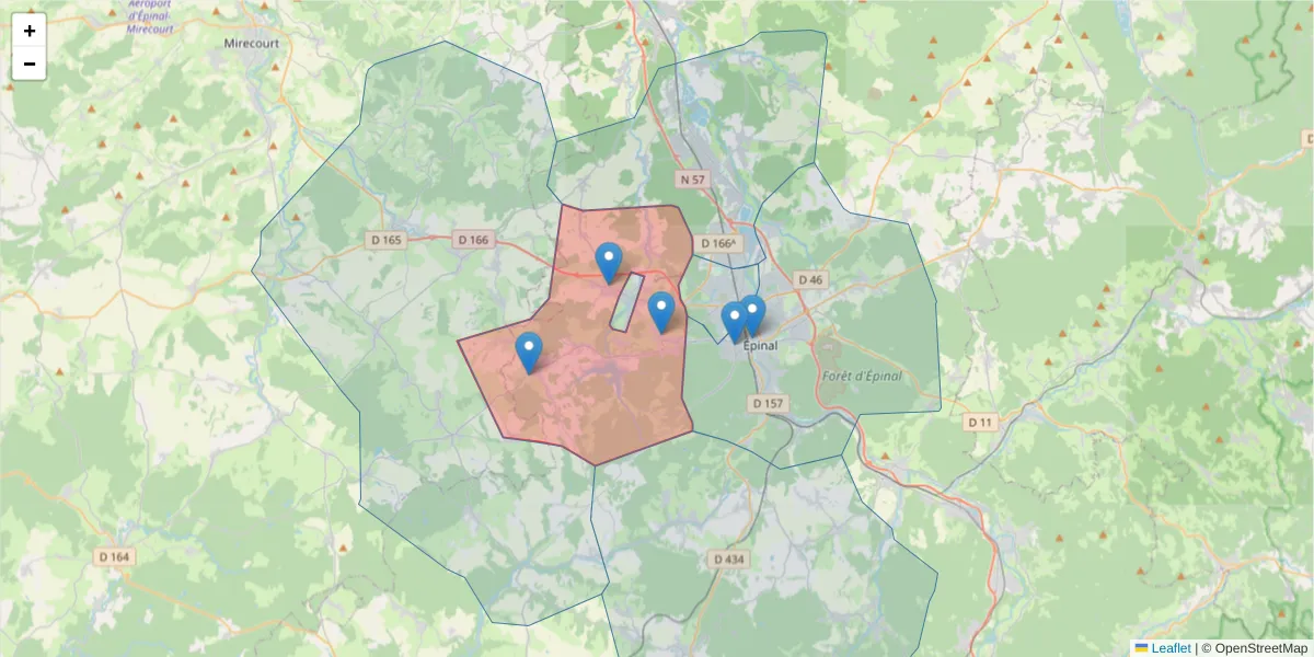 Carte de la zone du code postal  et des codes postaux voisins en France