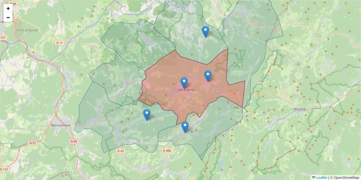 Carte de la zone du code postal  et des codes postaux voisins en France